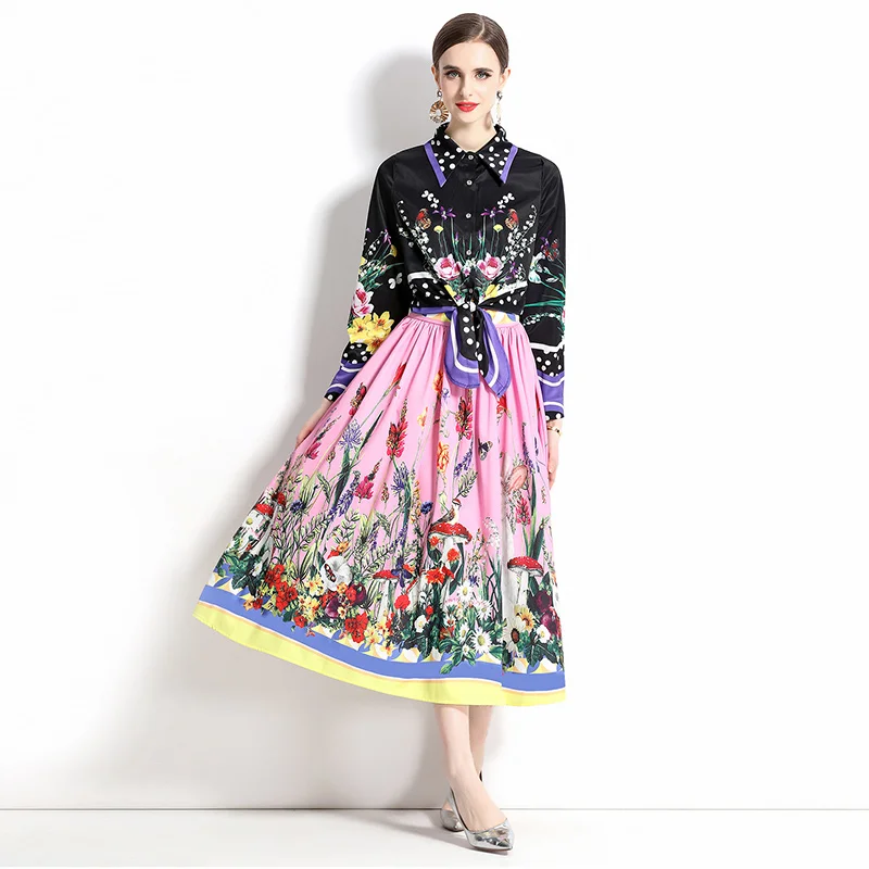 

Женский комплект из 2 предметов, элегантная винтажная брендовая дизайнерская рубашка с отложным воротником и юбка с широкой юбкой