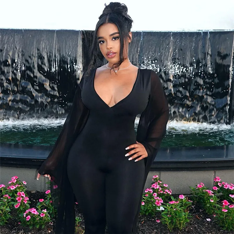 INSStyle Autumn and Winter New Women's Clothing Fashion SexyVWomen's Low-Cut Backless Slim Fit-Cut JumpsuitCok