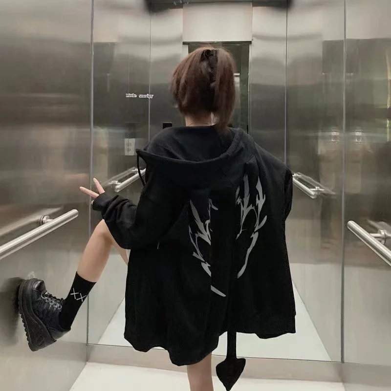 

Y2k Gothic Zipper Oversized Streetwear Tail Hoodies Women Black Detachable Tail Harajuku Devil Horn Sweatshirts Loose Casual Top
