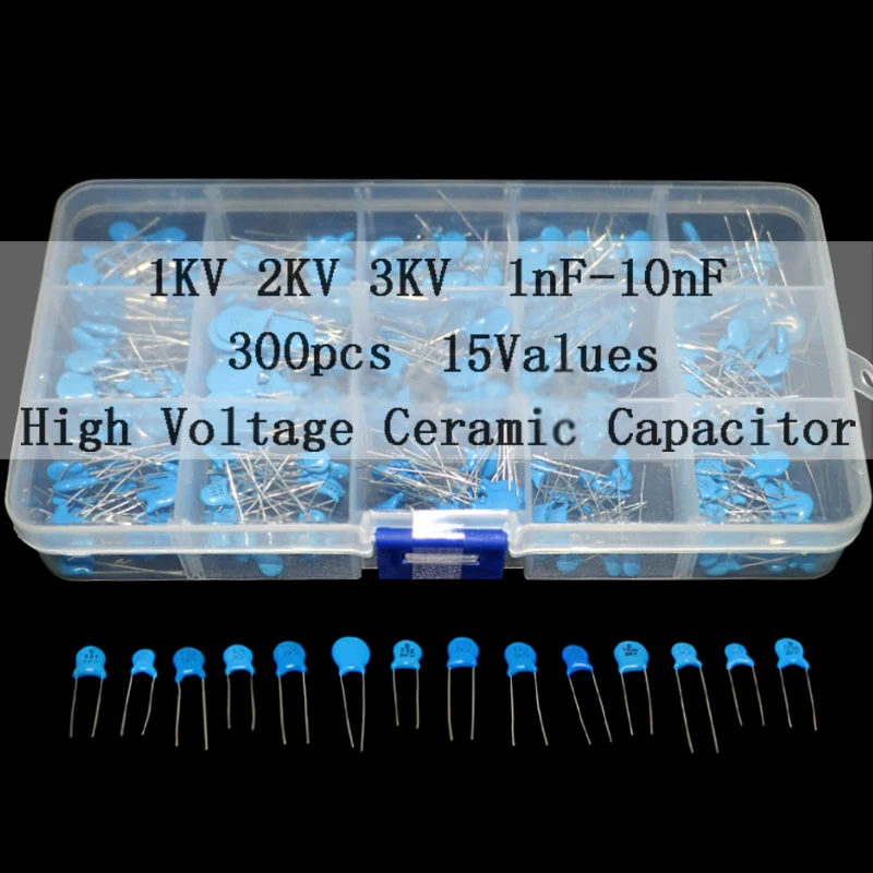 

300pcs 1KV 2KV 3KV Capacitor Set High Voltage Ceramic Capacitor Assortment Kit 1nF 2.2nF 10nF 22nF 0.47nF 0.56nF 10nF Capacitors