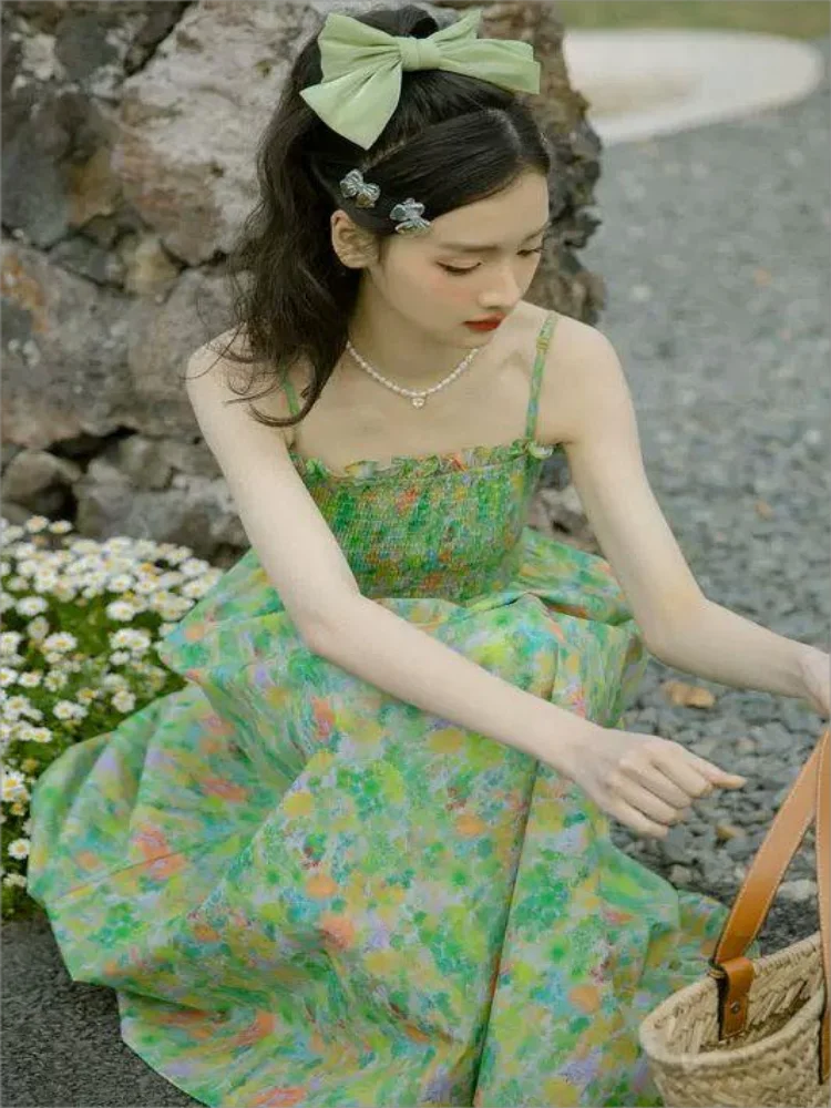 

French Elegant Luxury Green Spaghetti Strap Dress Women 2024 Summer New Fairy Dress Long Party Dress