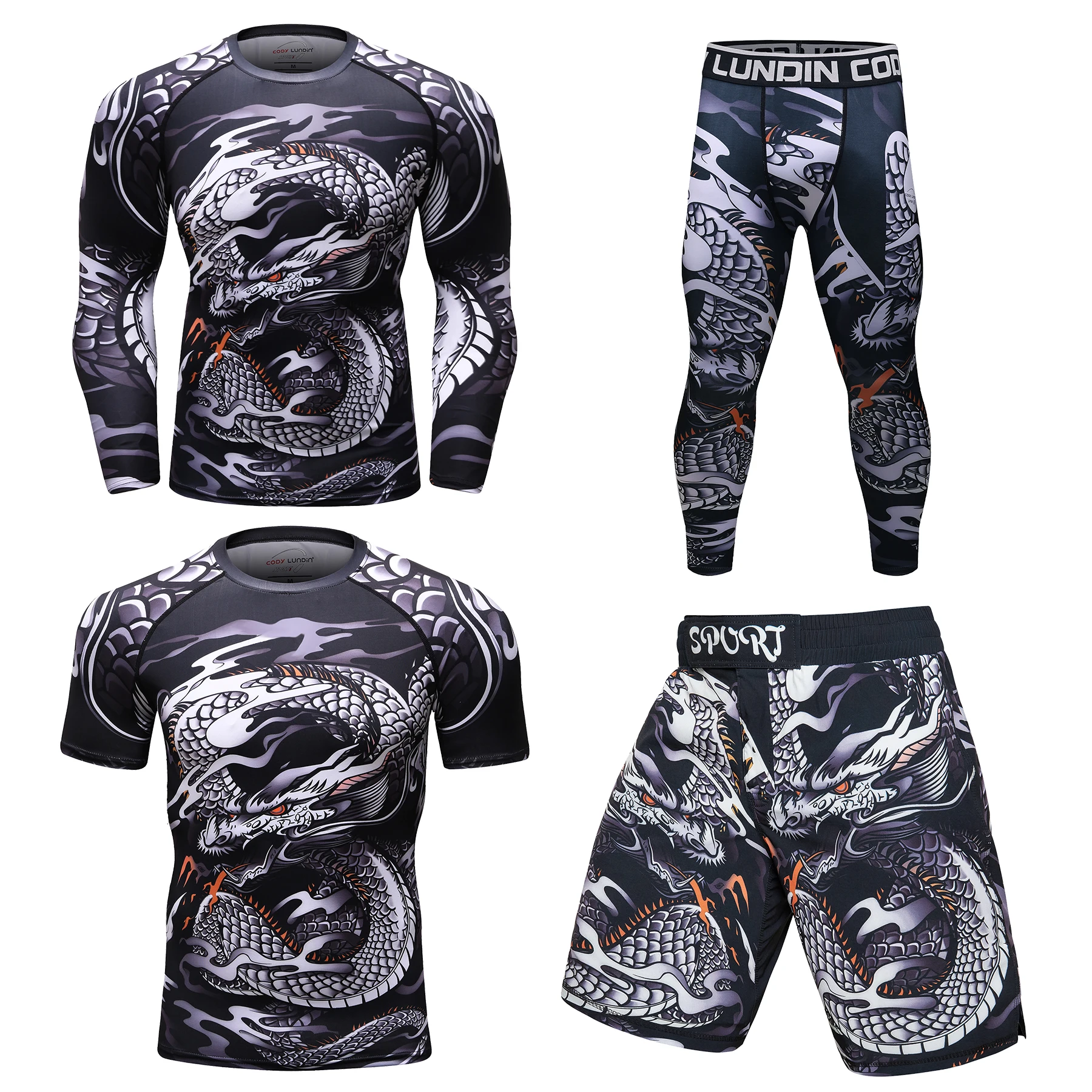 Cody Lundin 러쉬 가드 Sportsuit MMA 티셔츠 + 바지 MMA 반바지 4PCS 브라질 Jiu Jitsu Bjj 복싱 저지 남성용 격투 세트