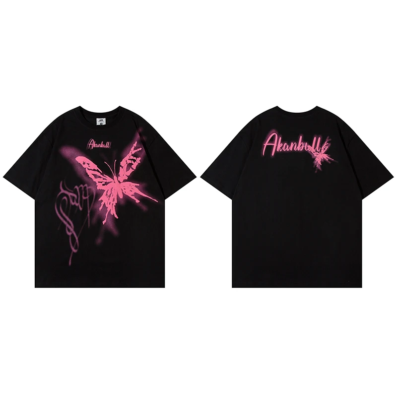 

Free Shiping Big Pink Butterfly Print T Shirt Hip Hop 2024 Men Summer Oversize T Shirt Harajuku Black White Cotton Short Sleeve