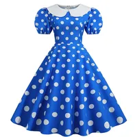 Elegant Women Summer Dress Puff Short Sleeve Polka Dot Peter pan Collar Vintage A-line Midi Long Party Sundress - Image 5