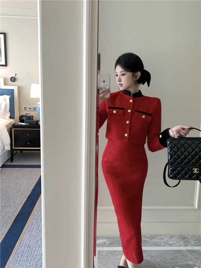 Two Piece Set Women Skirt 2023 Autumn Tweed Jacket Midi Pencil