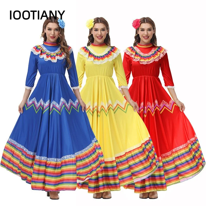

Women Girl Traditional Spanish Gypsy Folk Dancer Dress for Adult National Mexico Style Cinco De Mayo Costume Bohemia Long Dress