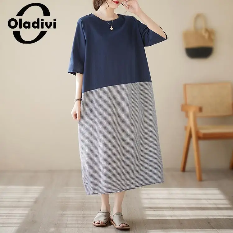 

Oladivi Fashion Women Large Size Midi Dress 2023 Summer New Casual Loose Dresses Vintage Ladies Oversized Clothes Tunic 4XL 5048