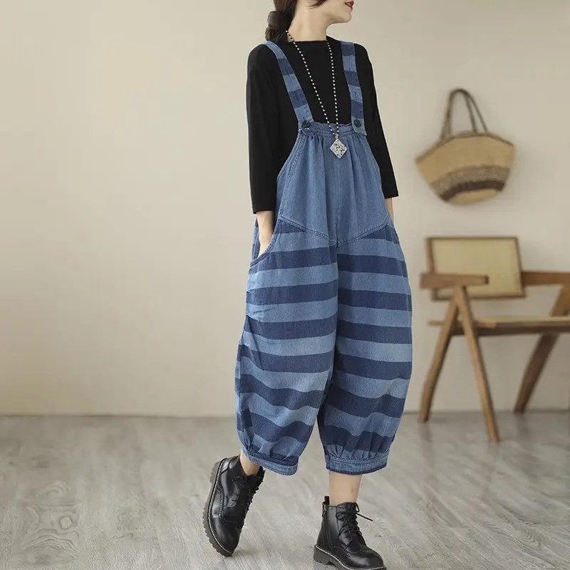 

Denim Straps Trousers For Women Summer Stripe Jumpsuits High Waist Slimming Casual Wide Leg Harem Jeans Nine Point Pants Z1652
