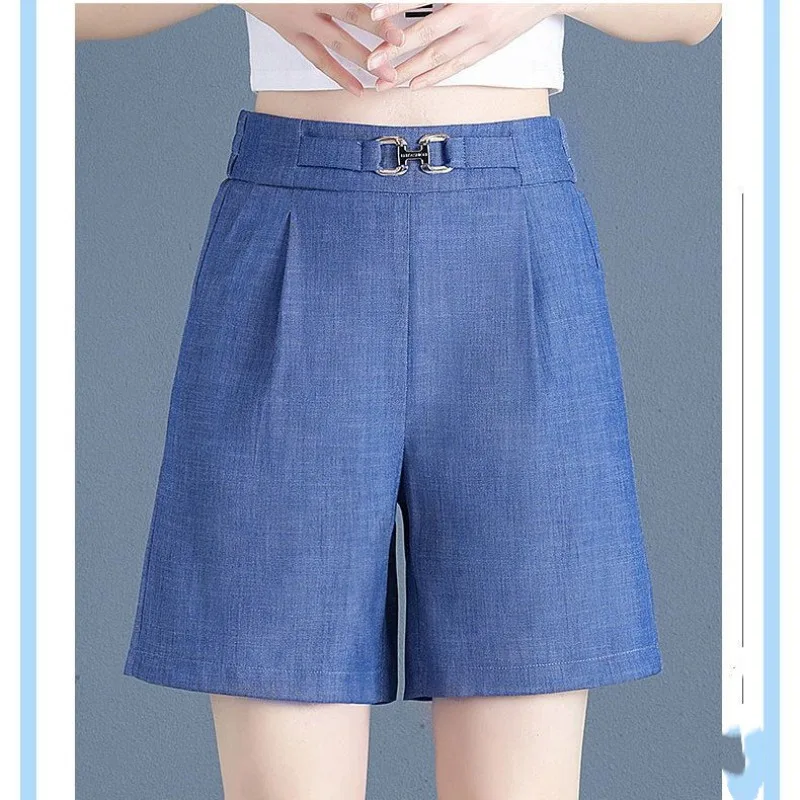 2024 Summer New Women's Solid Color Commute High-waisted Loose Thin Denim Bright Line Decoration Casual A-line Wide Leg Pants