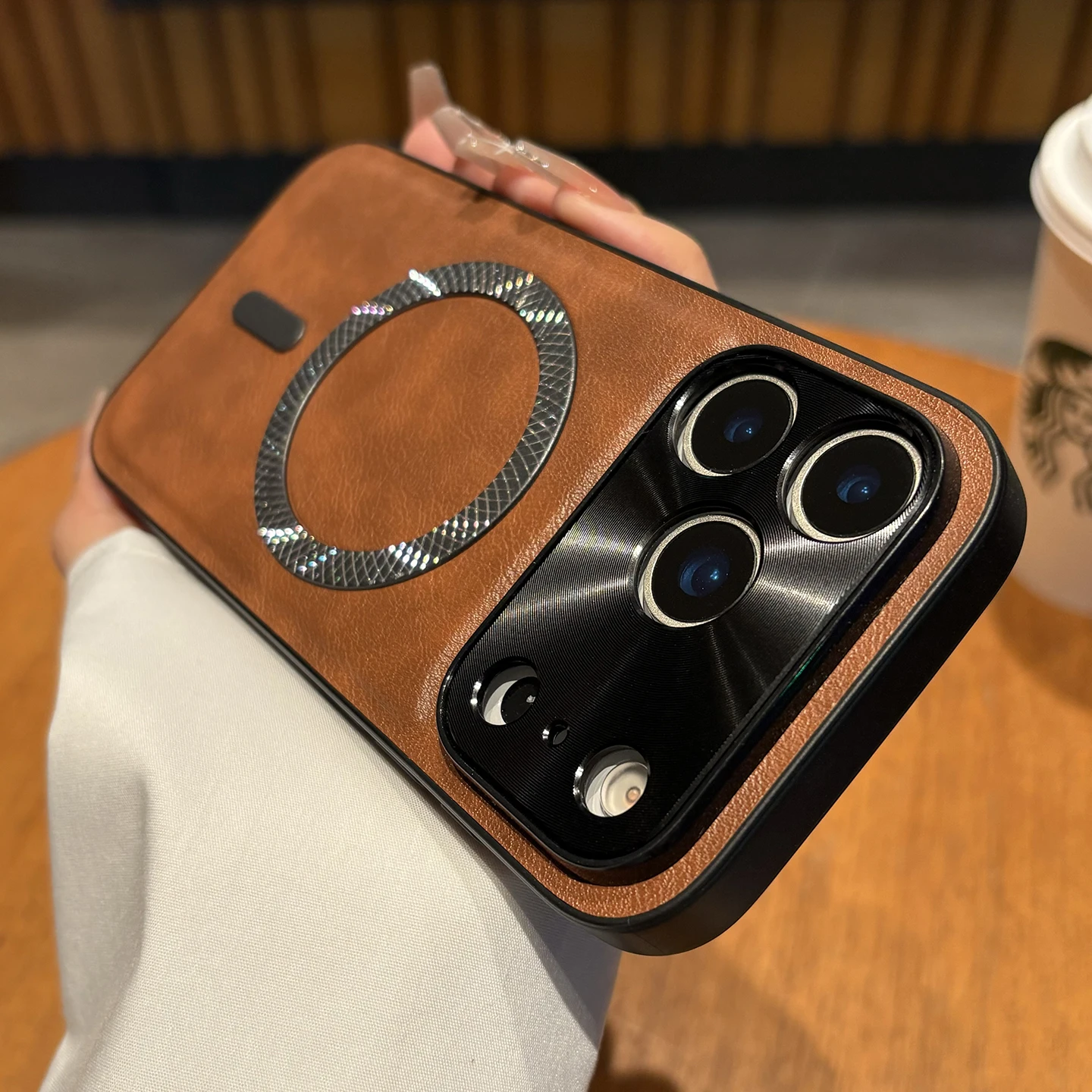 Magnetic Leather Shockproof Case with Metal Camera Shell and Mag-safe Compatibility