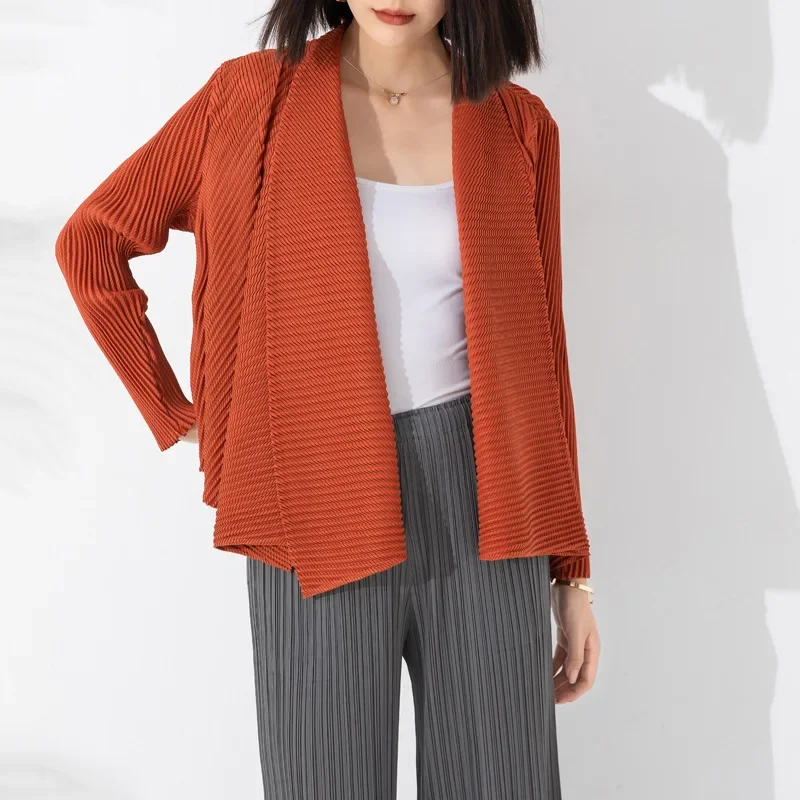 Miyake Pleated Coat Women's Solid Color Fashionable Unbuttoned Large Lapel Irregular Short High-end Top 2023 Autumn New Cardigan
