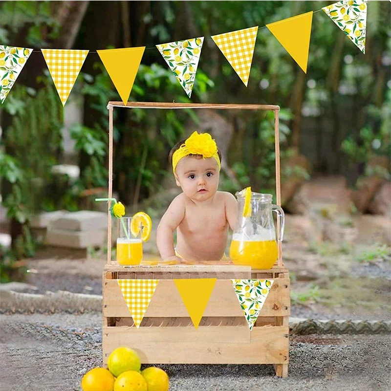 Yellow Plaid Floral Lemon Banner Bunting Hanging Paper Triangle Garlands Streamers Bridal Baby Shower Lemon Birthday Party Decor