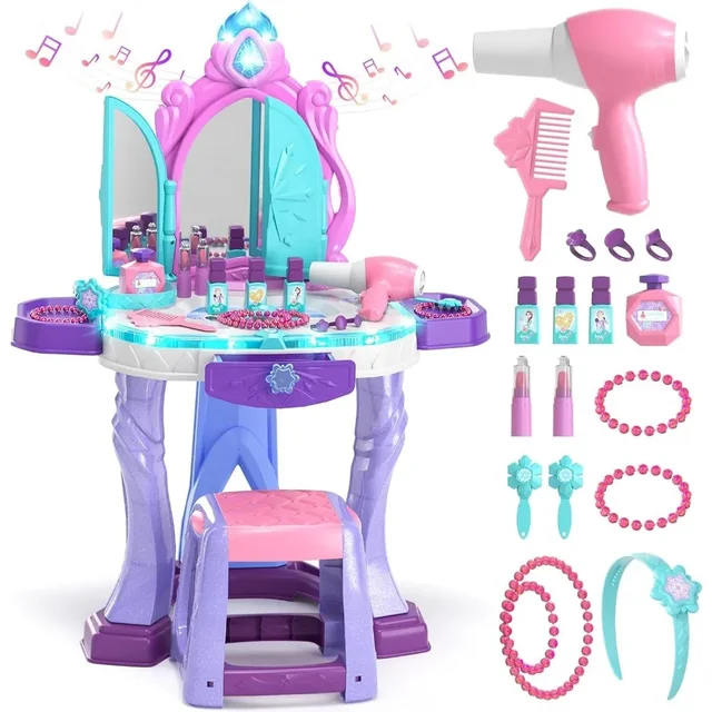 Kids Vanity Table Chair Set with Mirror Lights Music Pretend Makeup Dress Up Gift for Girls Age 3 4 5