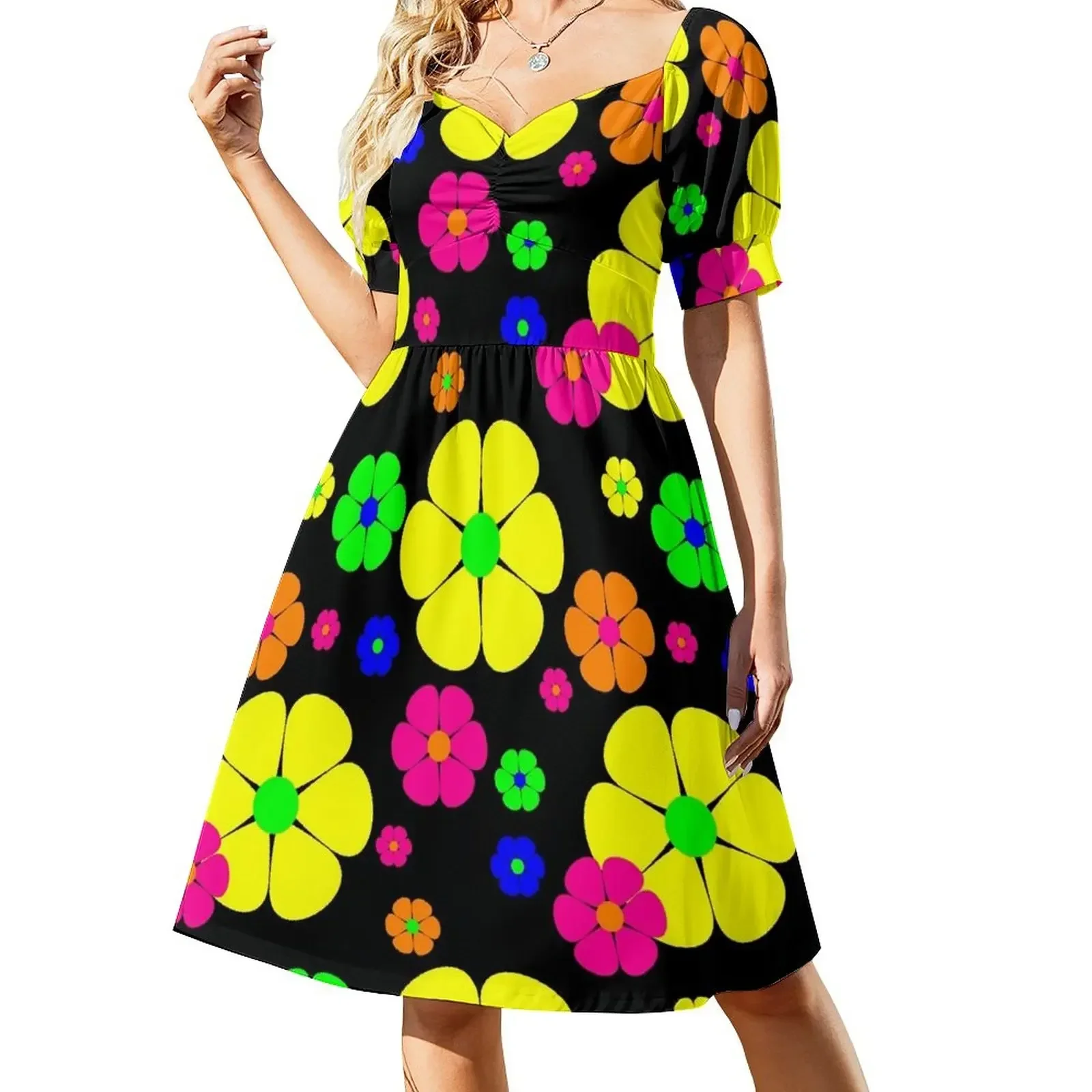 thumbnail image 1 of Vestido floral vintage mod, vestido de manga corta, vestidos de manga larga, vestidos africanos para mujer, vestido vintage, 1 of 8