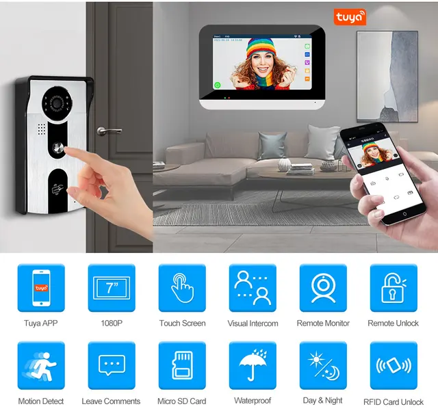 140333- HILIT Full HD video doorphone set, handset-free, with a colour  monitor 7”, card/proximity tags, operation via Tuya application-ORN