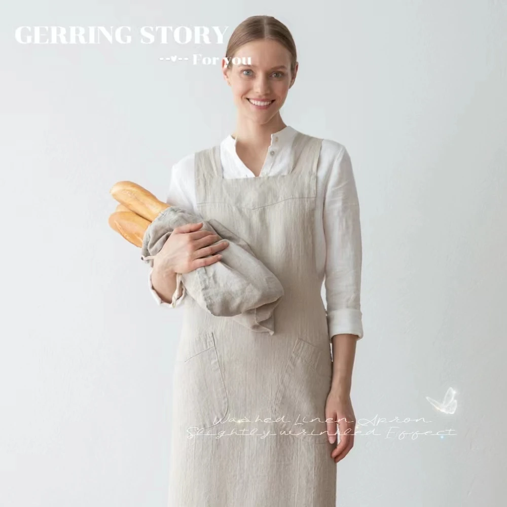 Gerring  Japanese Apron Woman Soft Handfeel Garden Retro Cotton Linen Washed Dress Aprons Kitchen Working Fashion Pockets Wear