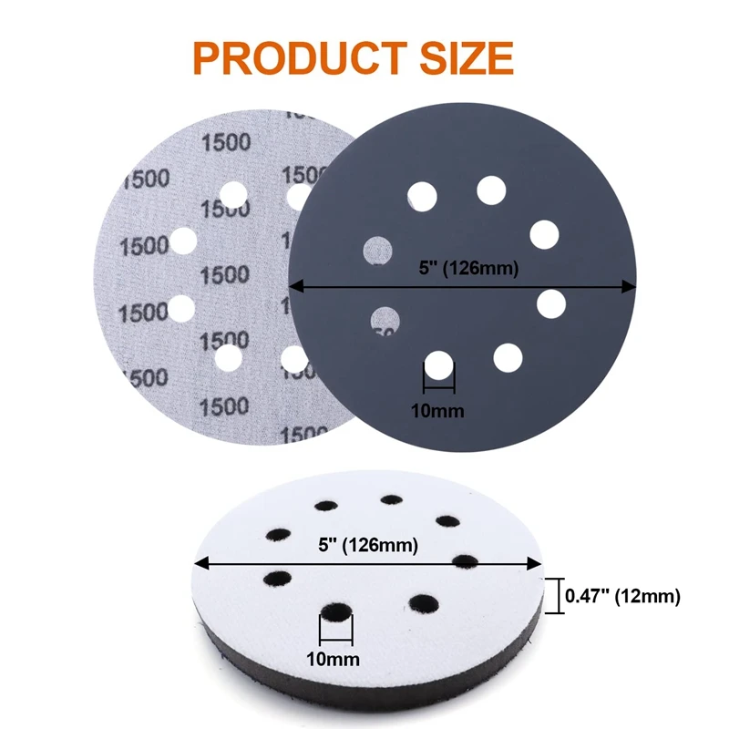 5Inch Sanding Disc Hook And Loop Sandpaper 320 400 600 800 1000 1500 2000 3000 4000 500 7000 1000 With Interface Pad