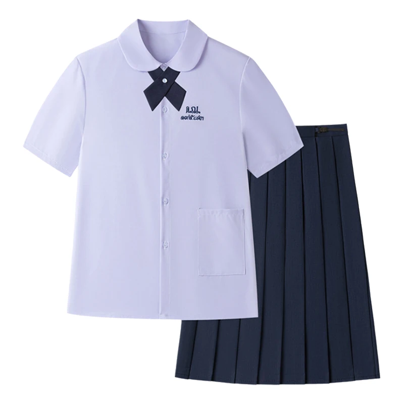 Men/Women JK Uniform Thai Style School Uniforms Short Sleeve White/Light Purple Shirt Preppy Style Pleated Skirt w/bow Tie