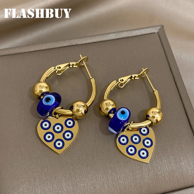 Фото Серьги-подвески FLASHBUY из нержавеющей стали 316L с турецким дьявольским глазом и сердцем для женщин, модная женская Пряжка для ушей №1