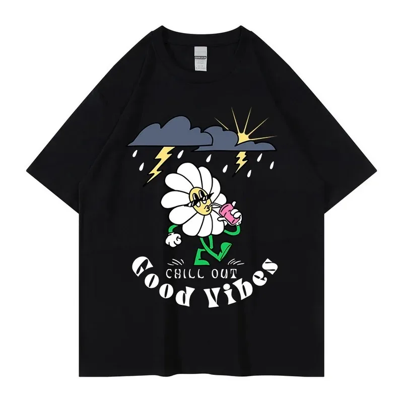 

Streetwear Tshirt Hip Hop GOOD VIBES CHILL OUT Print T-shirt Men Harajuku Cotton Loose Summer Women's Short Sleeve Tops Tees