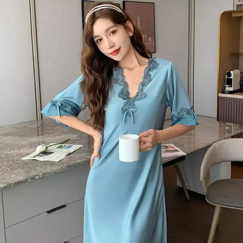 Ladies Sexy Pajamas Silk Embroidered Bow Nightdress Spring Summer Ice Silk Thin Solid Color Comfortable Homewear Sexy Sleepwear
