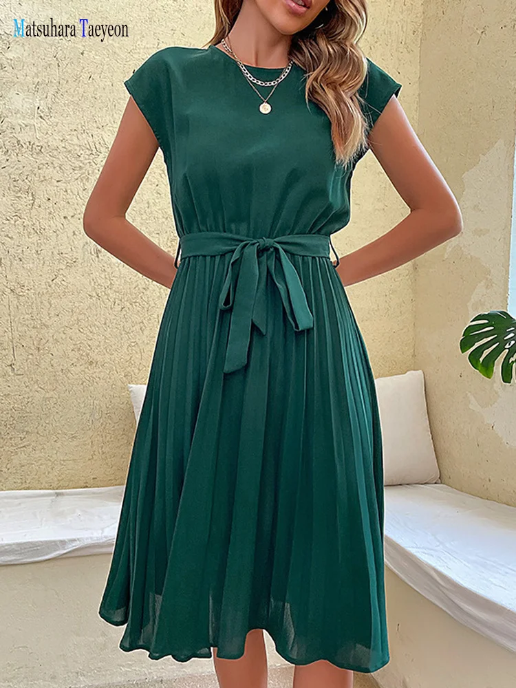 Summer Elegant Solid Midi Dress For Women 2022 Casual Beach Sundress