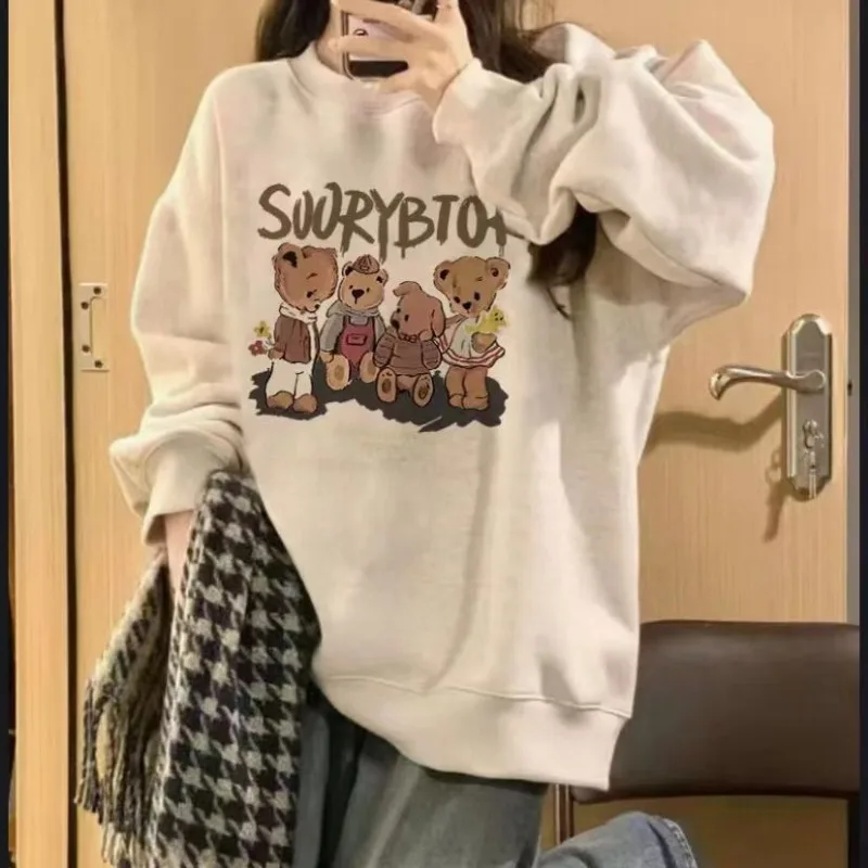 2022 Lazy Style Hatless Sweater Women's Spring and Autumn Thin Solid Color Bear Print Small Loose and Slim Versatile Sweater