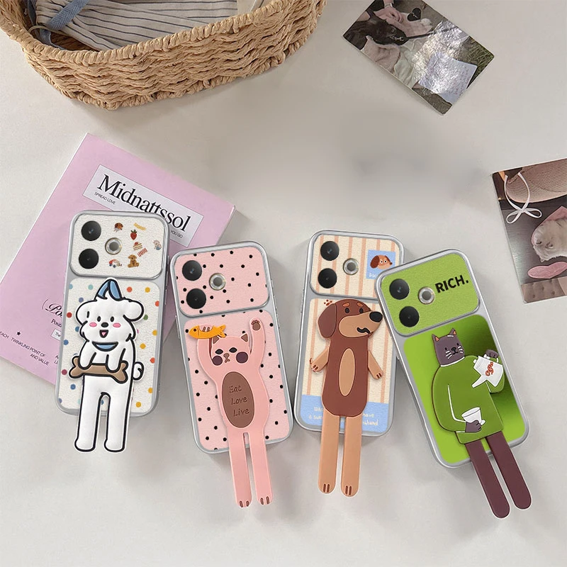 Adorable 3D Cartoon Polka Dots Cat Dog Soft TPU Phone Case with Stand Holder - Shockproof Cover