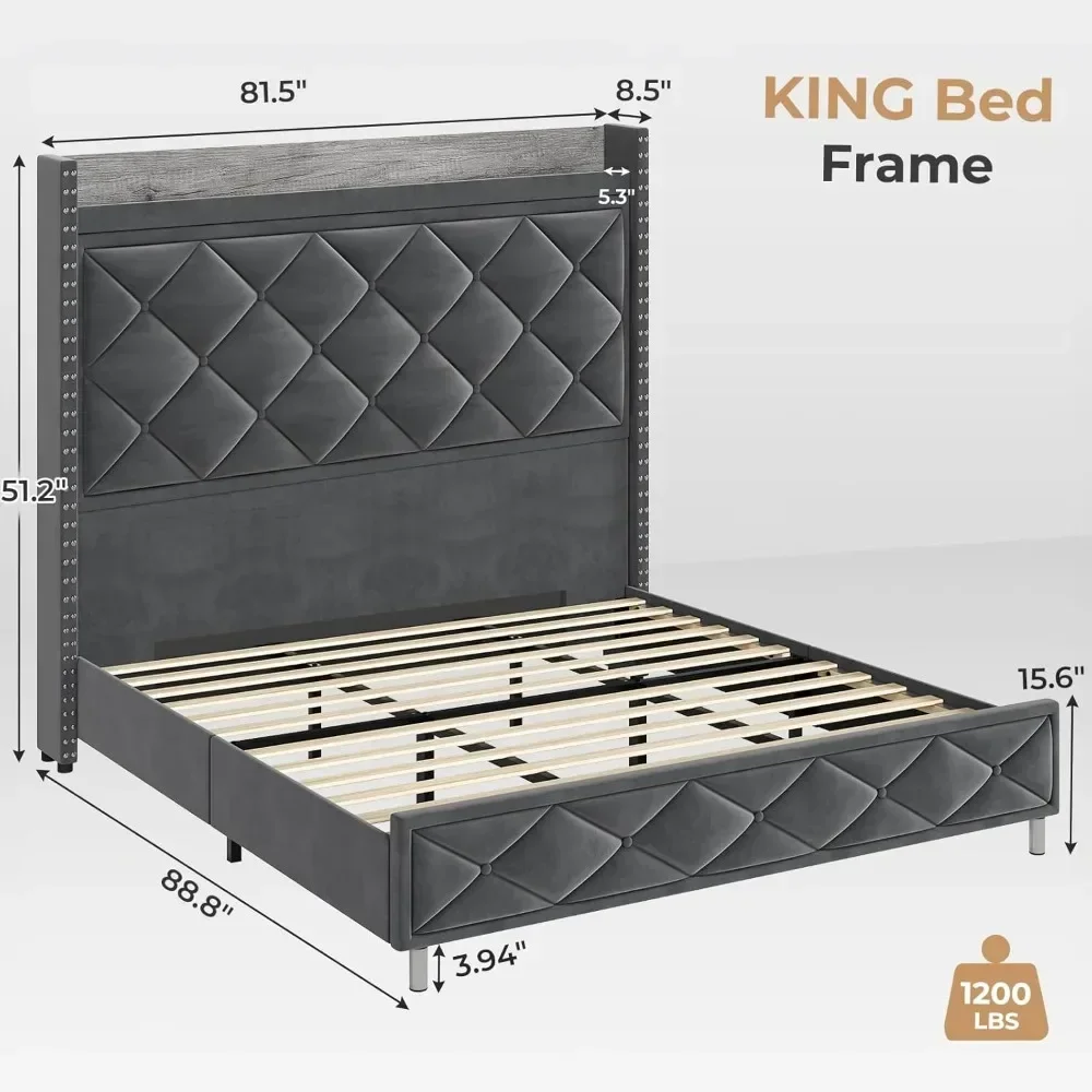 King Size Bed Frame with Tall Headboard, Kings Size Bed Frame with Charging Station, Led Upholstered Bed Frame King 2