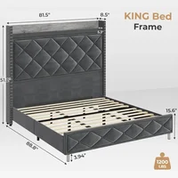 King Size Bed Frame with Tall Headboard, Kings Size Bed Frame with Charging Station, Led Upholstered Bed Frame King 2