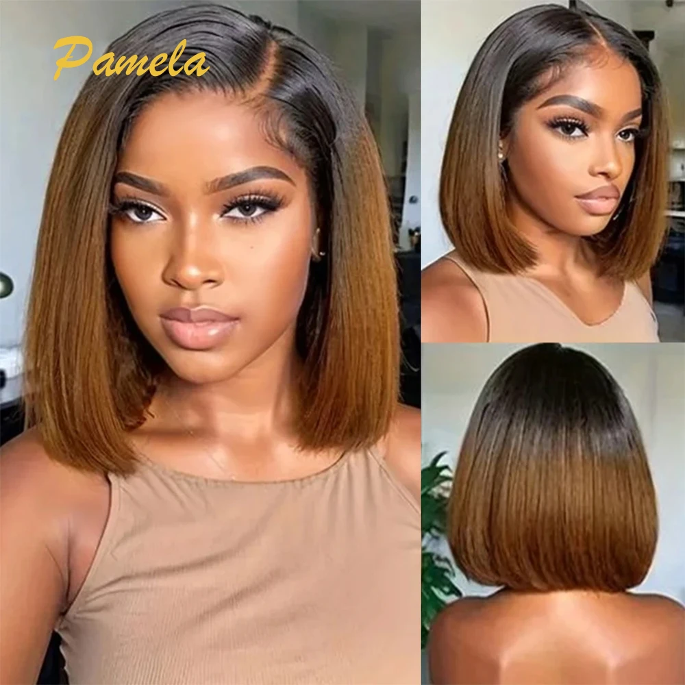 250% Density Short Bob Bone Straight Ombre 1b/4 Colored Wig For Women 13x6 Transparent Lace Frontal Human Hair Wig Preplucked