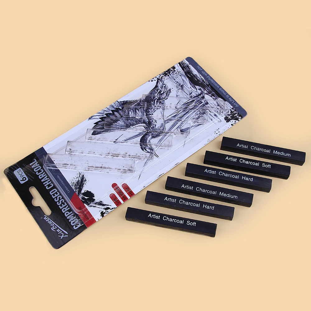 6Pcs Compressed Charcoal Sticks Soft Medium Hard Sketch Charcoal Bars for Drawing Sketching Shading Beginners Artists charcoal sticks drawing art supplies