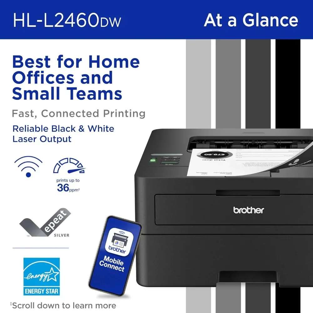 HL-L2460DW Wireless Compact Monochrome Laser Printer with Duplex, Mobile Printing, Black & White Output includes Refresh