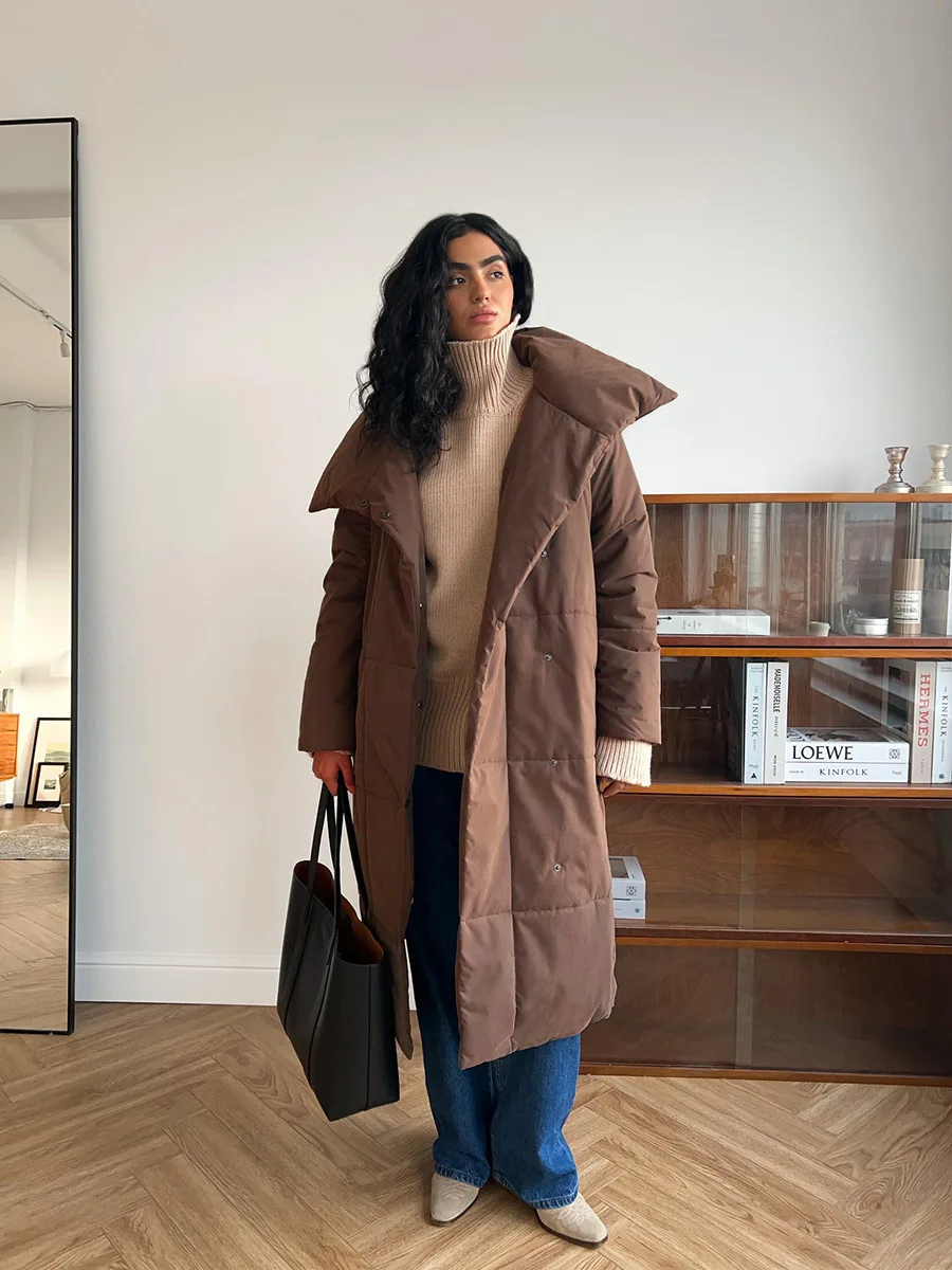 Winter Female Parkas Outwear Loose Lace-Up High Waist Long Sleeve Pocket Lapel Bandage Coat For Women Solid Parkas
