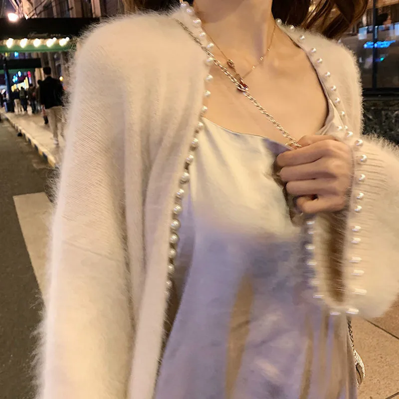 부드러운 레이디 밍크 캐시미어 스웨터 코트, 모헤어 모피 니트 가디건, 루즈한 비즈 장식 진주 자켓 탑스
