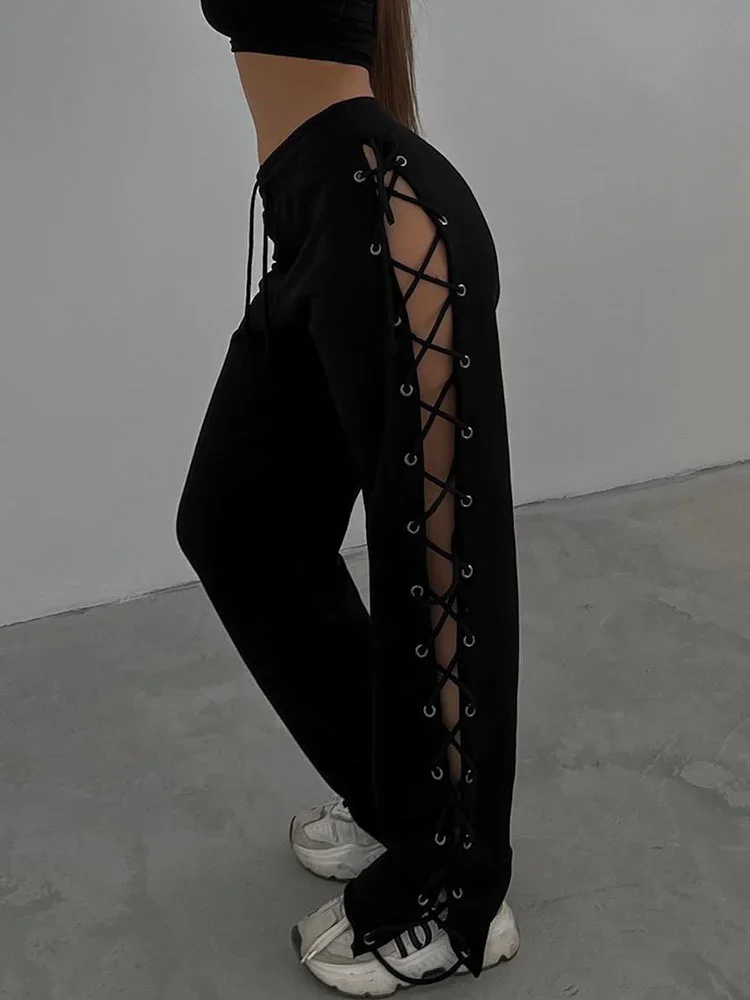 White Knitted Slit Hollow Sweatpants Women Solid Tie High Waist Loose Trousers Summer Casual Punk Streetwear Y2k Pants Joggers