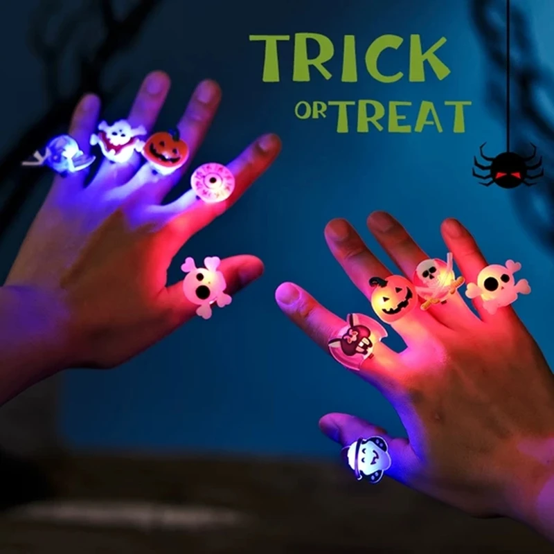 

5pcs New Halloween Flash Ring Party Props Glowing Pumpkin Skull Spider Ring Halloween Decor Kids Dress Up Toys Playing In Night