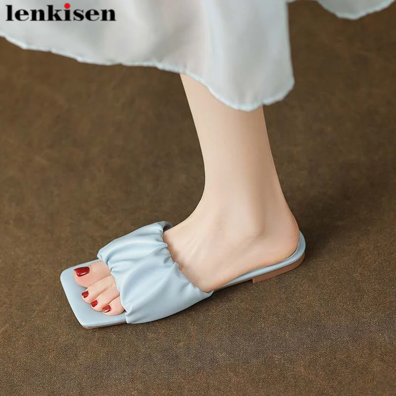 

Lenkisen Fashion Brand Microfiber Flat With Mules Pleated Concise Summer Shoes Peep Toe Slingback Women Casual Outside Slippers