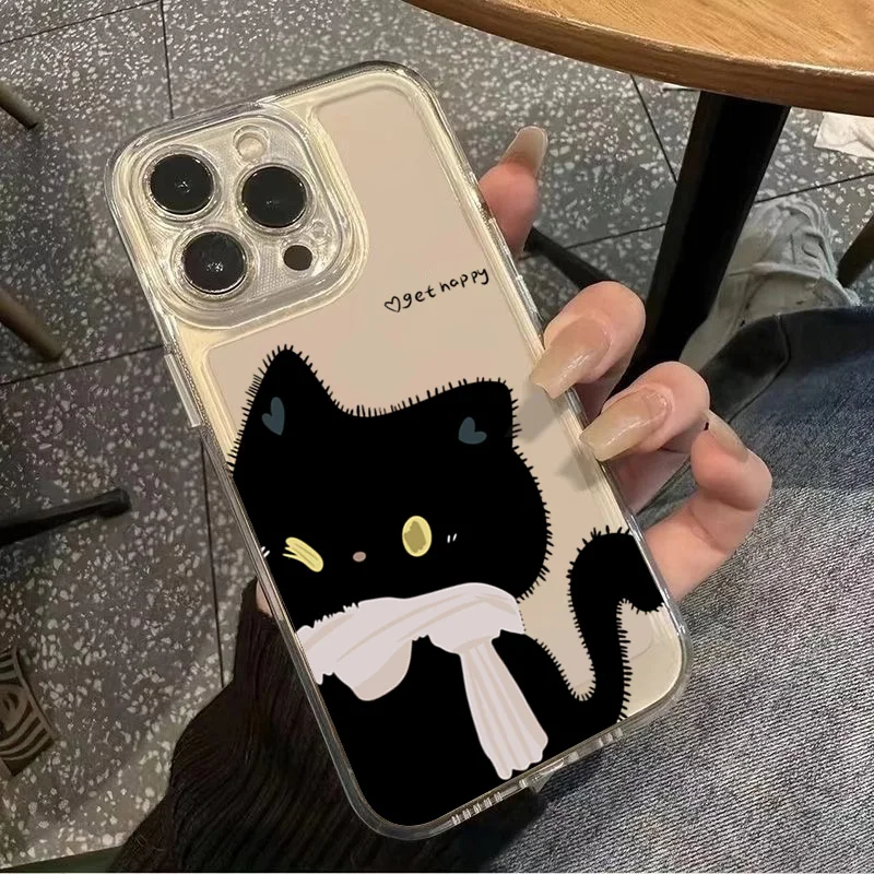 Charming Cartoon Cat Couple Phone Case - Black and White Design