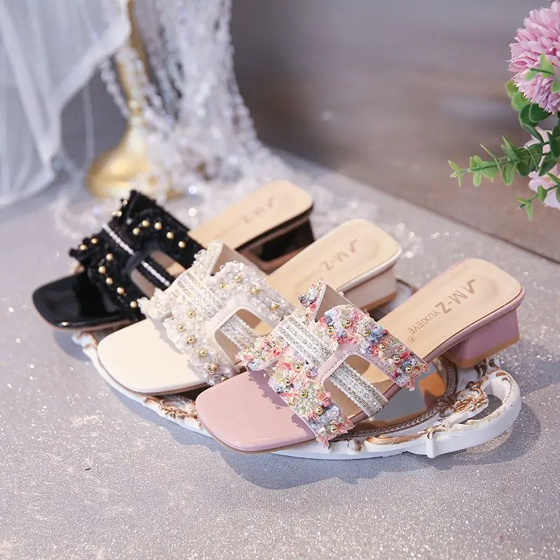 

2024 New Summer French Fairy Summer Square Toe Mid Heel Slippers for Women Fashion Thick Heel Slippers Sandals Outside