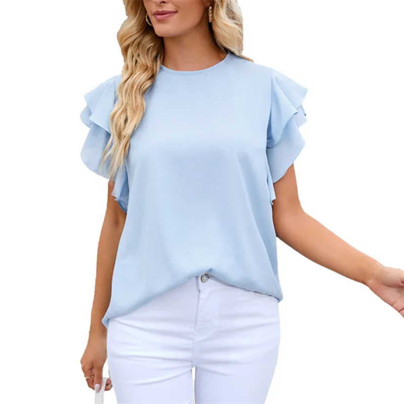 Summer Sweet Style Ruffle Short Sleeve Chiffon Tops Ladies Elegant Women's Casual Loose O Neck Shirt Solid Color Splicing Blouse