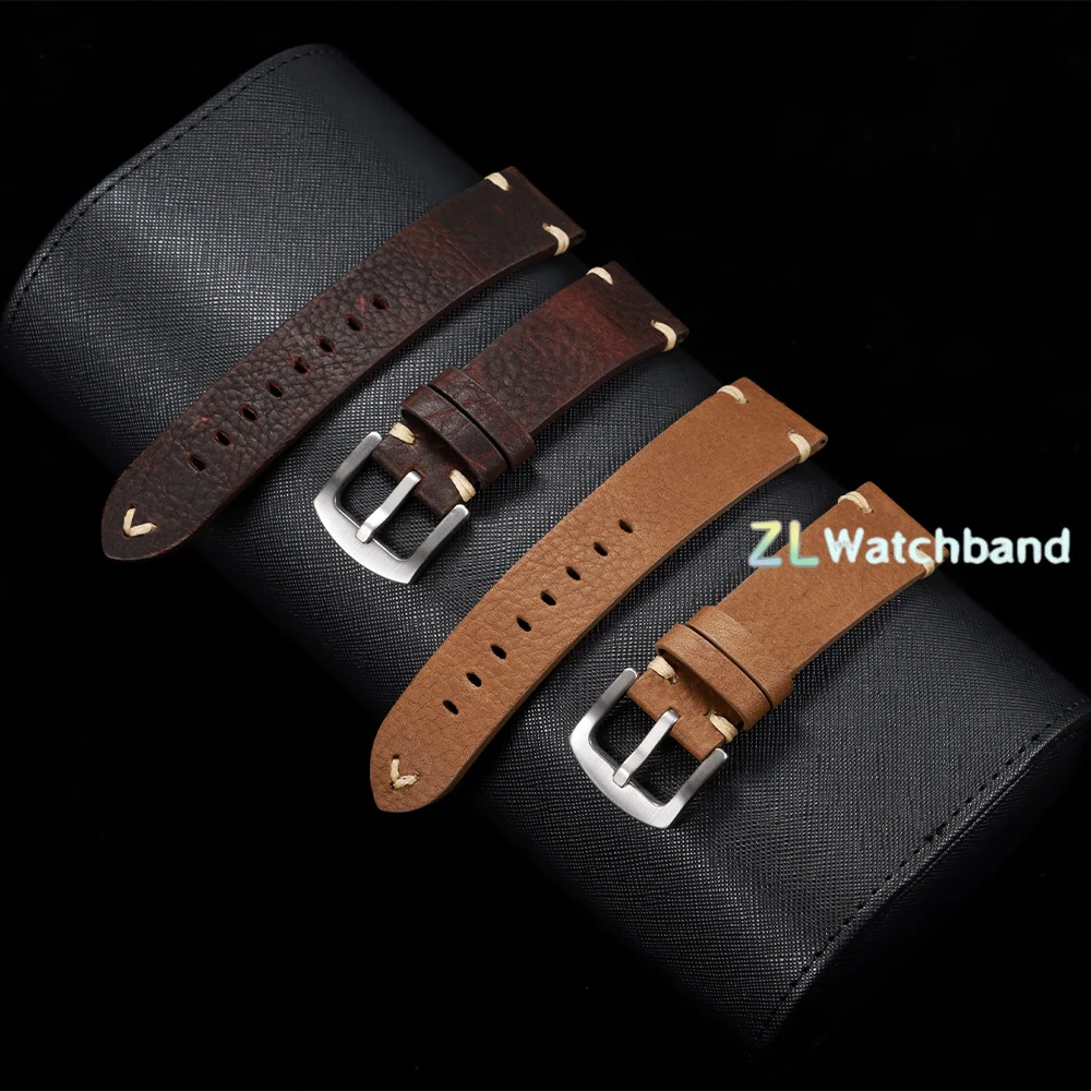 Vintage Genuine Cowhide Leather Watch Band with Metal Buckle