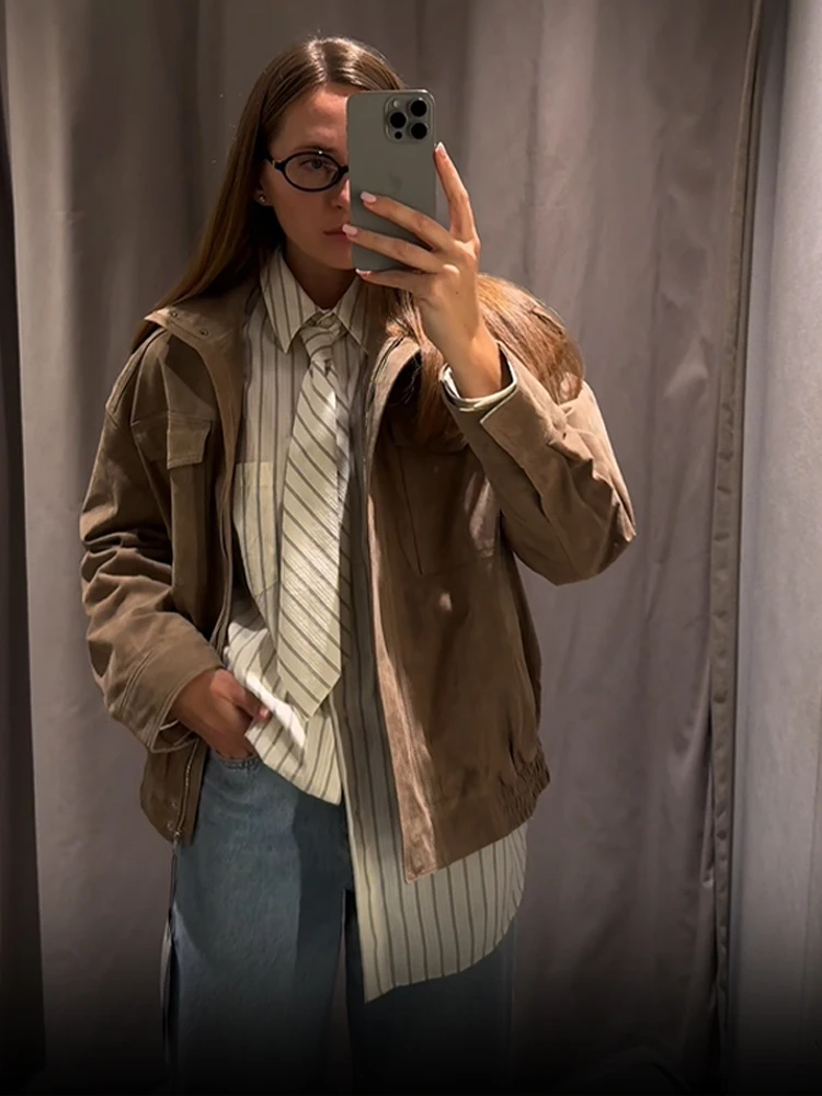 Women Loose Suede Jacket Fashion Long Sleeve Pockets Zipper Oversized Bomber Jacket 2025 Autumn Winter Lady High Street Outwear 4