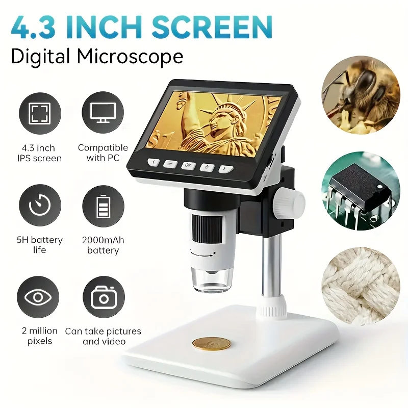 4.3인치 LCD 디지털 현미경, 1000X 배율, 1080P USB 카메라, LED 조명 8개, PC/노트북 호환, 동전 검사 도구