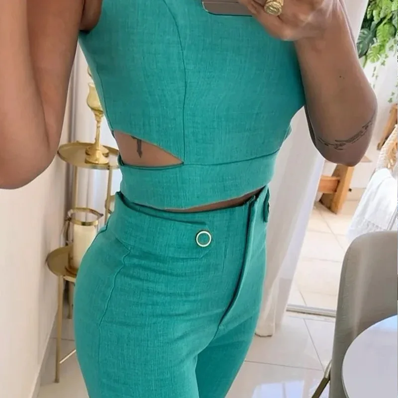 Women Sleeveless Slim Two Piece Set 2023 Summer New Pant Sets Tight Hollow Out Cropped Top High Waist Long Pants Suits Commuting