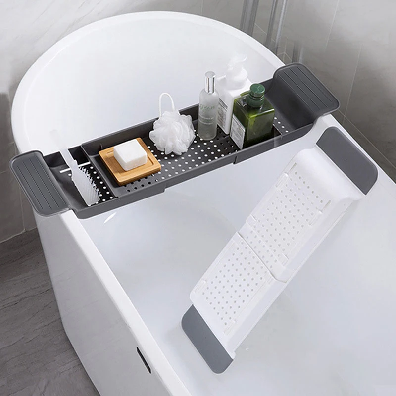 Bath Shelf Tray Expandable Bathtub Caddy Plastic Multifunctional Bathtub Storage Rack Book Wine Phone Holder Bathroom Organizer