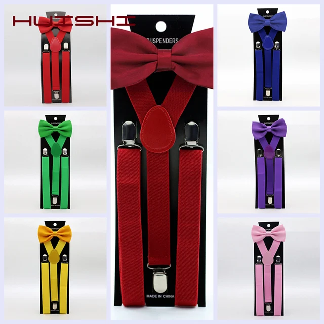 HUISHI Men Suspenders Bow Tie Set Jeans Polyester 43 Colorful Solid Y-Back Braces Butterfly Adjustable Bow Tie for Men Suspender 1