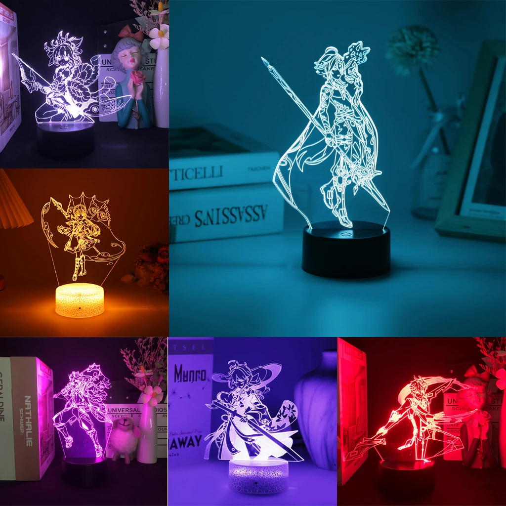 뜨거운 게임 Genshin 충격 그림 아이 방 장식을위한 Hu Tao Xiao 밤 빛 Anime 3D LED 분위기 16 색 램프 생일 선물