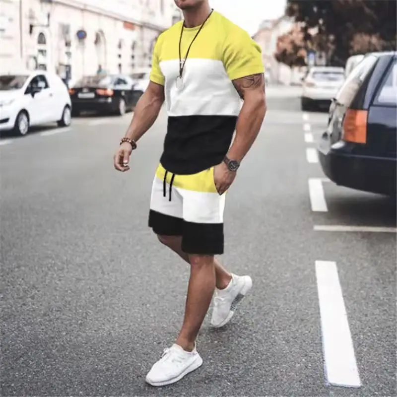 Summer Men Tracksuit  2 Piece Set 3D Printed T-Shirt  Oversized Sports Striped Short Sleeve Casual Jogging Suit Male Clothing