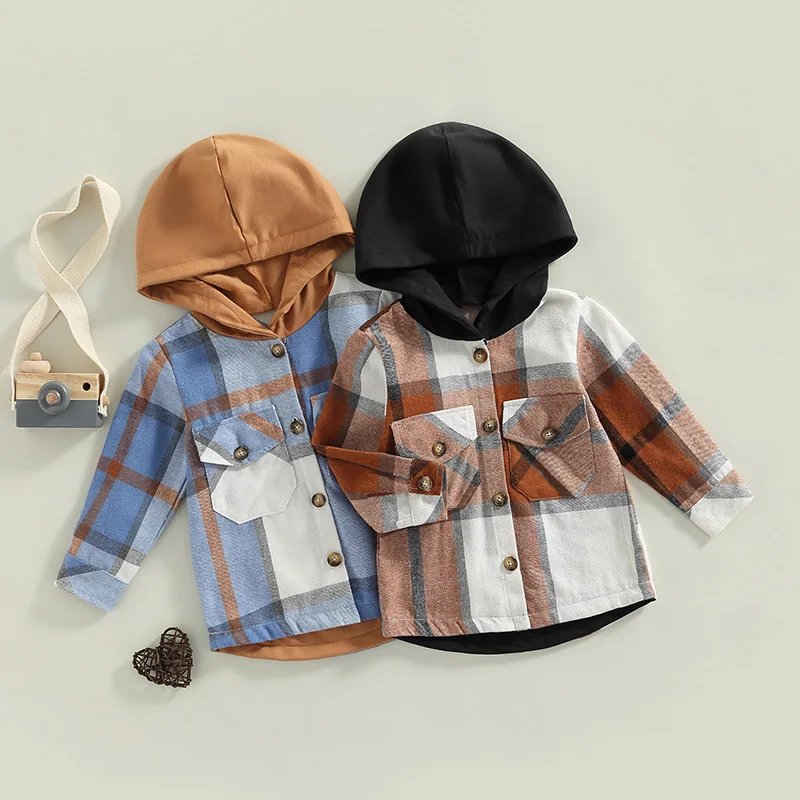 FOCUSNORM 4 Colors 1-6Y Autumn Kids Boys Causal Shirts Coat Plaid Printed Patchwork Long Sleeve Single Breasted Hooded Tops